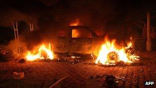 Vehicle on fire at the US embassy in Benghazi, Libya (11 Sept 2012)