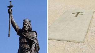 Statue of Alfred the Great and his memorial slab in Winchester