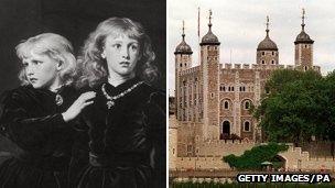 Victorian painting of the Princes in the Tower and the Tower of London