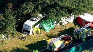 Scene of the coach crash on the A3 in Surrey