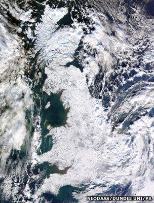 Satellite image showing Great Britain covered in snow and ice (Image: NEODAAS/University of Dundee/PA)