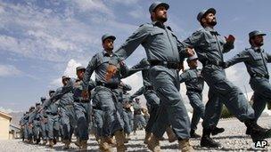 Afghan national police officers march during a graduation ceremony (file)