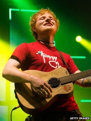 Ed Sheeran performing at V Festival