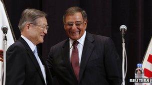 US Secretary of Defense Leon Panetta (R) and Japan Minister of Defense Satoshi Morimoto 17 September 2012