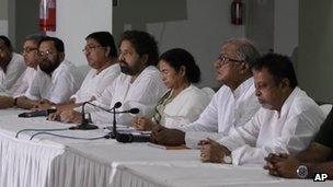 Trinamool Congress party leader Mamata Banerjee attends a meeting with party law makers in Calcutta on Tuesday