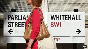 Woman passes a street sign on Whitehall