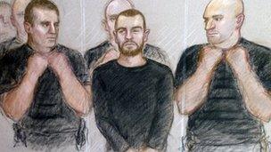 Court drawing of Dale Cregan at Manchester Magistrates' Court