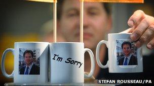 Mugs depicting Nick Clegg with the words "I'm Sorry" at the Liberal Democrat conference in Brighton