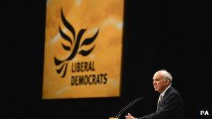 Vince Cable speaking to the Lib Dem conference