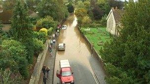 A flooded street in Chew Magna, North Somerset