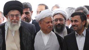 Supreme leader Ayatollah Ali Khamenei, left, chief of Expediency Council, Akbar Hashemi Rafsanjani, centre and President Mahmoud Ahmadinejad, right, arrive at the opening session of the Non-aligned Movement in Tehran (30 August 2012 photo released by official website of the Iranian supreme leader's office)