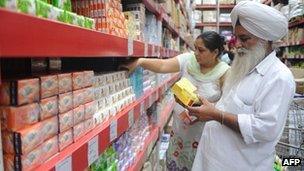 Indian shoppers browse through products at the Bharti Wal-Mart Best Price wholesale store in Manawala, some 11kms from Amritsar, on September 19, 2012.