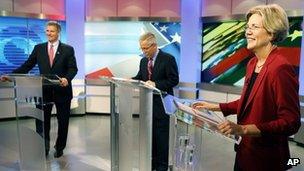 Scott Brown and Elizabeth Warren in a debate on 20 September 2012