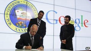 Jerry Brown signing driverless car bill at Google's headquarters