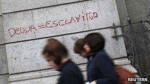 Passers-by outside Spain's central bank in Madrid