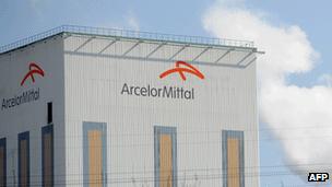 The Arcelor Mittal logo on a building in Florange, north-eastern France, March 2012