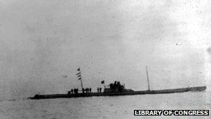 German u-boat U28, seen from the deck of the Batavier V