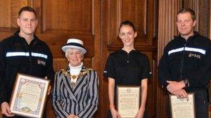 PC Jamie Illingworth, Mayor of Lancaster Sheila Denwood, PC Nikki Kay and PC John Holmes