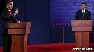 Mitt Romney and US President Barack Obama participate in their first debate at the University of Denver in Denver, Colorado, 3 October 2012