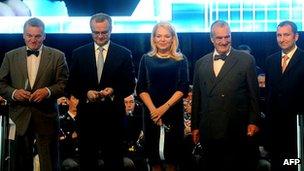 From left, Prague Mayor Bohuslav Svoboda, Czech Finance Minister Miroslav Kalousek, Dagmar Havlova, Czech Foreign Minister Karel Schwarzenberg and Czech Aeroholding general manager Miroslav Dvorak