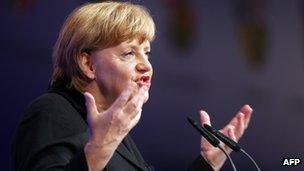 German Chancellor Angela Merkel speaks at a youth union convention in Rostock, 5 October