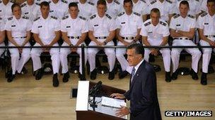 Mitt Romney delivers a foreign policy speech at the Virginia Military Institute in Lexington, Virginia on 8 October 2012