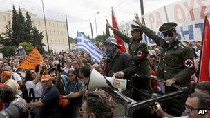 Protesters dresses as Nazis in Athens, Greece (9 Oct 2012)