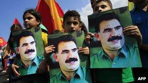 Kurds residing in Lebanon hold portraits of jailed Kurdistan Workers' Party (PKK) leader Abdullah Ocalan during a Beirut demonstration