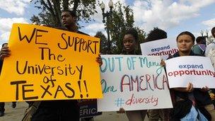 Supporters outside the US Supreme Court in Washington DC 10 October 2012