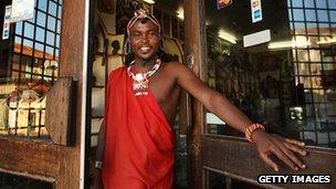 Massai tribesman in souvenir shop in Old Mombasa