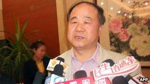 Chinese author Mo Yan accepting interviews after he won the 2012 Nobel Literature Prize on 11 October, 2012 in Gaomi, east China's Shandong province