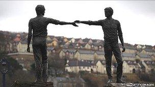 Hands across the divide sculpture in Derry