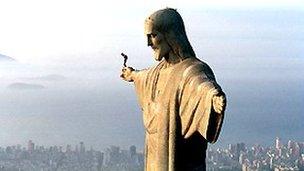 Felix Baumgartner preparing to jump of the Christ the Redeemer statue in Rio, 1999