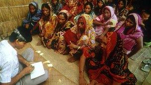 Women members of the Grameen Bank meet in Bangladesh. Picture taken in 1992