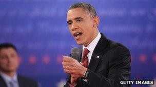 US President Barack Obama speaks during a town hall style debate at Hofstra University in Hempstead, New York 16 October 2012