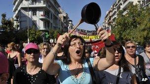 Greek protesters in Thessaloniki on Thursday, 18 October.