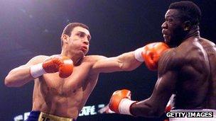 Vitali Klitschko fights Herbie Hide in the WBO world heavyweight championship in London in 1999