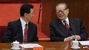 File photo: Jiang Zemin (R) with Chinese President Hu Jintao in 2011