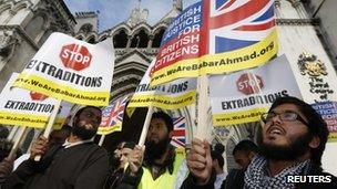 Protests: Babar Ahmad's supporters at the High Court