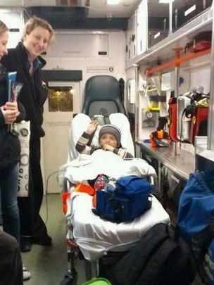 Oscar in the back of the air ambulance