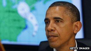 US President Barack Obama makes a statement after a briefing on Hurricane Sandy at the Federal Emergency Management Agency headquarters in Washington DC, 28 October 2012