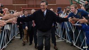 US Republican Presidential candidate Mitt Romney greets supporters at a rally in Celina, Ohio, 28 October 2012