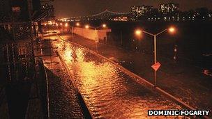 East 72nd Street, at the end by the FDR Drive covered in flood water