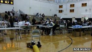 People evacuated because of flooding are staying at this high school near Moonachie in New Jersey