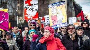 Polish feminists hold placards reading "Cut the Cord" (between the State and the Church) and "Enough exploitation, we quit!" March 2012