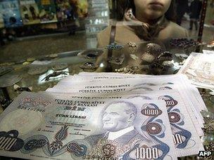 Antique Turkish banknotes in shop in Istanbul