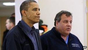 President Barack Obama and New Jersey Governor Chris Christie visit the Brigantine Beach Community Center to meet with local residents, 31 October 2012