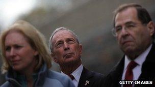 Senator Kirsten Gillibrand Mayor Michael Bloomberg, and Rep. Jerrold Nadler attend a press conference outside the Hugh L Carey Tunnel in NYC 1 November 2012