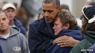 President Obama hugs a storm victim in Brigantine, New Jersey (31 Oct 2012)