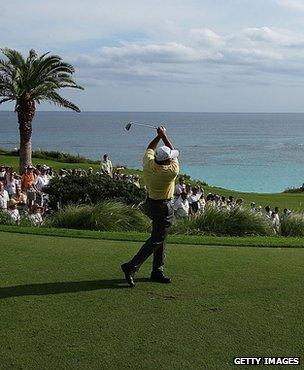 Angel Cabrera of Argentina hits his tee shot on the 17th hole during the final round of PGA Grand Slam at the Mid Ocean Club on October 17, 2007 in Tucker's Town, Bermuda